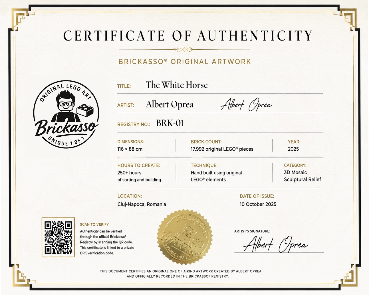 Detaliu al unui Certificat de autenticitate Brickasso®